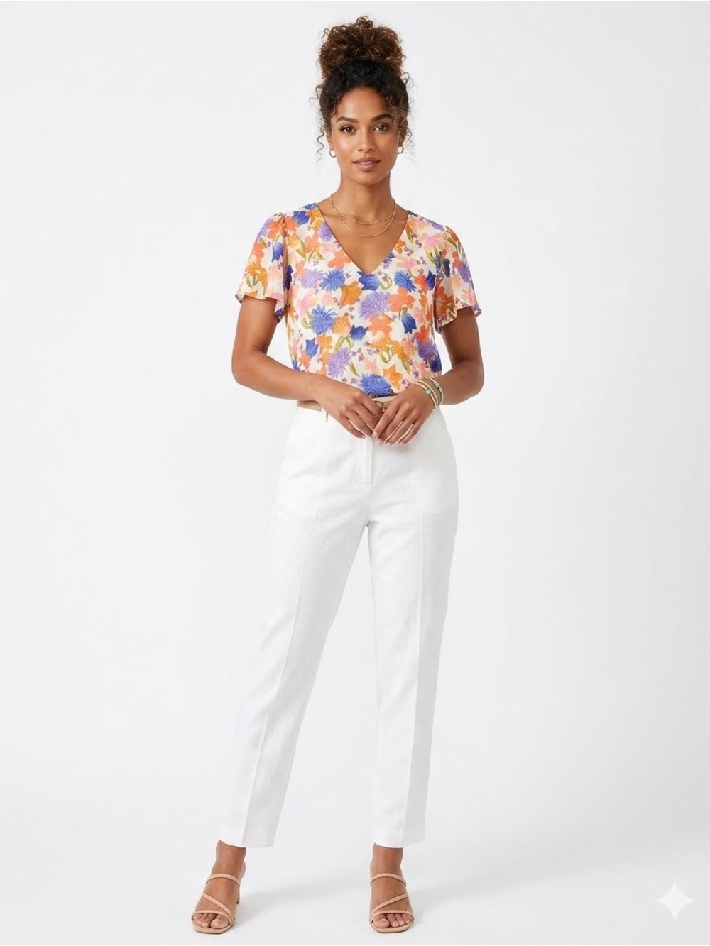 Vince Camuto Blouse Vibrant Floral V-Neck Flutter Sleeve Size Small